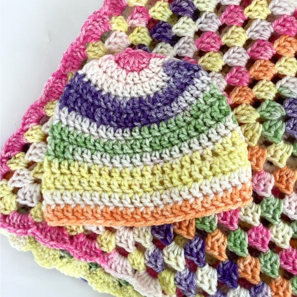 Baby Blanket Stroller Premie Hand Crafted Yellow Green Purple Orange Striped - Picture 3 of 9